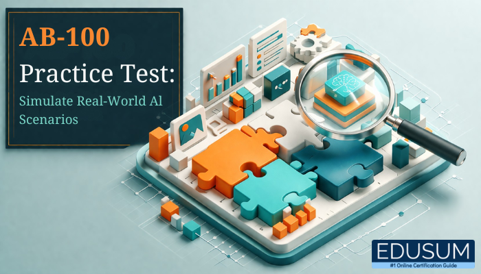 Isometric 3D illustration of an AB-100 Practice Test concept showing interconnected puzzle blocks with a magnifying glass analyzing an AI module and title text on the left.