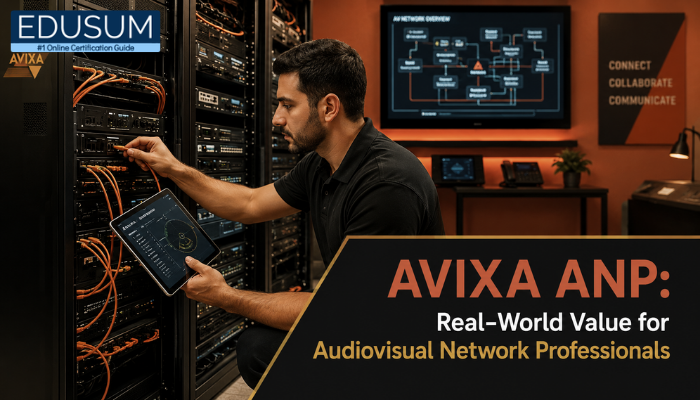 An AV technician uses a tablet to diagnose a rack of networked audiovisual equipment, demonstrating the real-world application of AVIXA ANP certified skills.