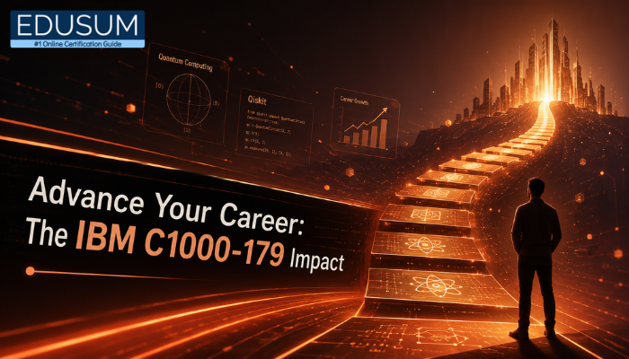A futuristic rendering shows an individual looking at an ascending data pathway towards a glowing tech city, symbolizing career advancement with the IBM C1000-179 certification. Infographic Prompts
