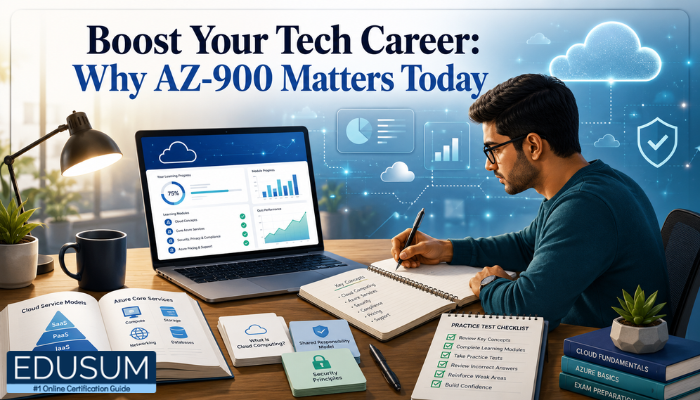 Professional studying Microsoft Azure Fundamentals on a laptop with AZ-900 notes and practice test materials.