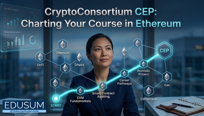 A professional visual showing a woman charting a learning path for the CryptoConsortium CEP certification with Ethereum concepts like DeFi, DApps, smart contracts, and career progression milestones.