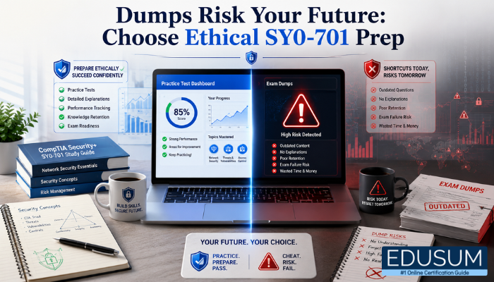 Ethical SY0-701 exam preparation concept showing practice tests versus risky exam dumps.