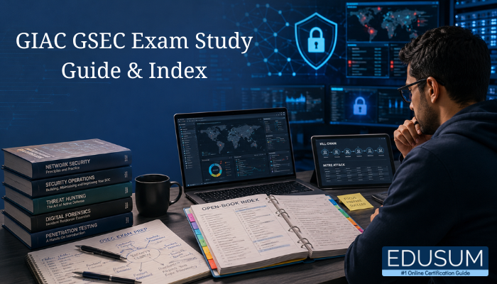 Professional blog banner showing a cybersecurity professional studying for the GIAC GSEC certification with security dashboards, study materials, and an open-book index binder on a modern technology-themed workspace.