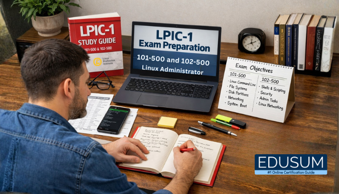 LPIC-1 exam preparation workspace with study guide, laptop, notes, and syllabus overview for Linux Administrator exams 101-500 and 102-500.