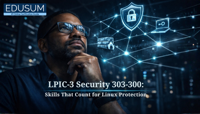 Conceptual infographic showing translucent security layers surrounding a Linux server icon, illustrating the architectural skills required for LPIC-3 303-300 Security certification.