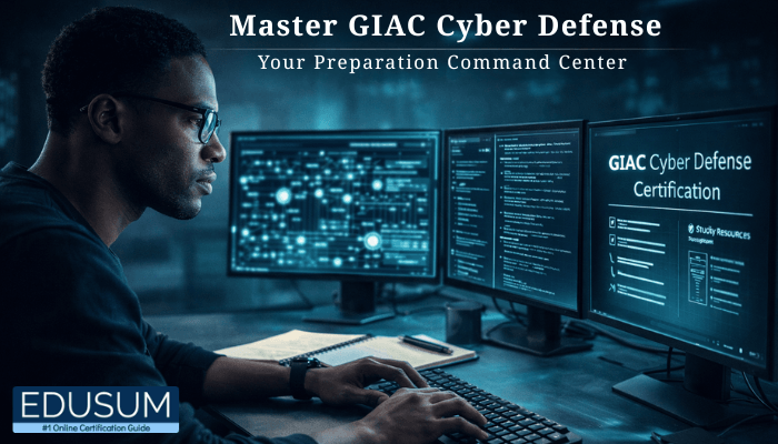 A focused cybersecurity professional works at a multi-monitor setup in a dimly lit command center, preparing for the GIAC Cyber Defense Certification with network diagrams and study materials displayed on screens.