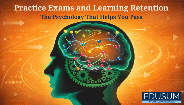 Horizontal infographic showing a human head silhouette with a colorful neural network brain and gears, illustrating how practice exams improve learning retention and exam success.