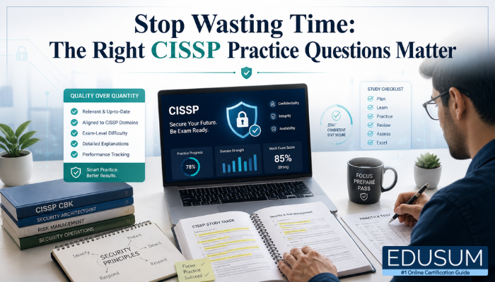 CISSP candidate studying with laptop, notes, and practice questions for focused exam preparation.
