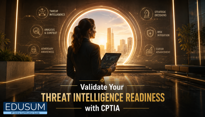 A confident woman stands before a glowing digital gateway, holding a tablet, symbolizing readiness and career advancement through the CPTIA certification in threat intelligence.