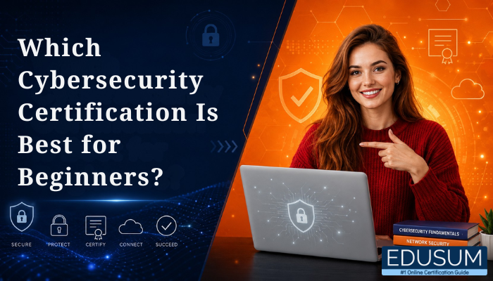 Young professional woman in red sweater pointing to a laptop on a cybersecurity certification banner asking which certification is best for beginners.
